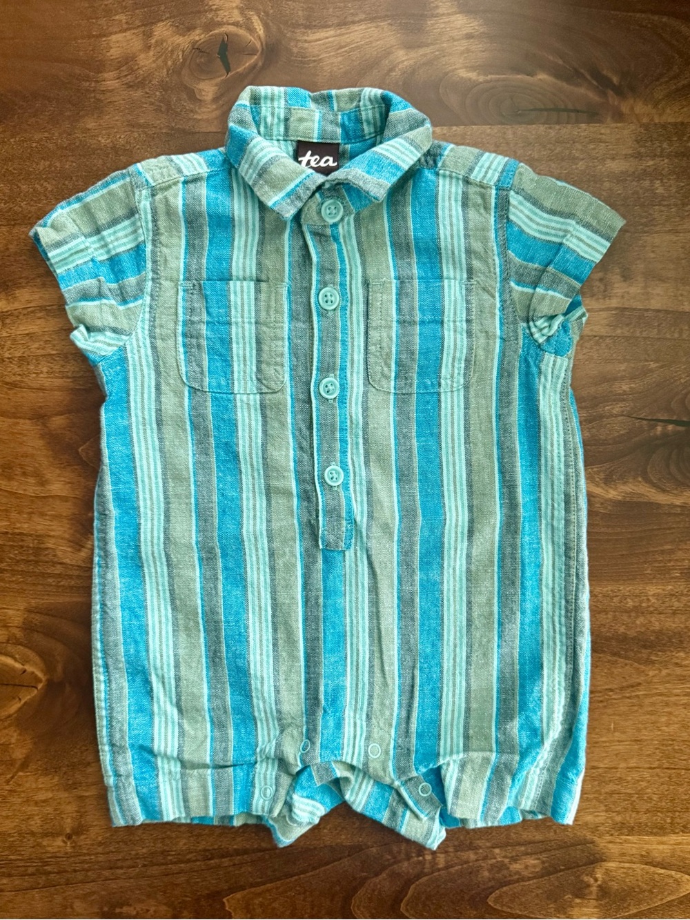 Tea Collection Linen Blend Ocean Coastal Stripe Button Romper Size 6-9 Months